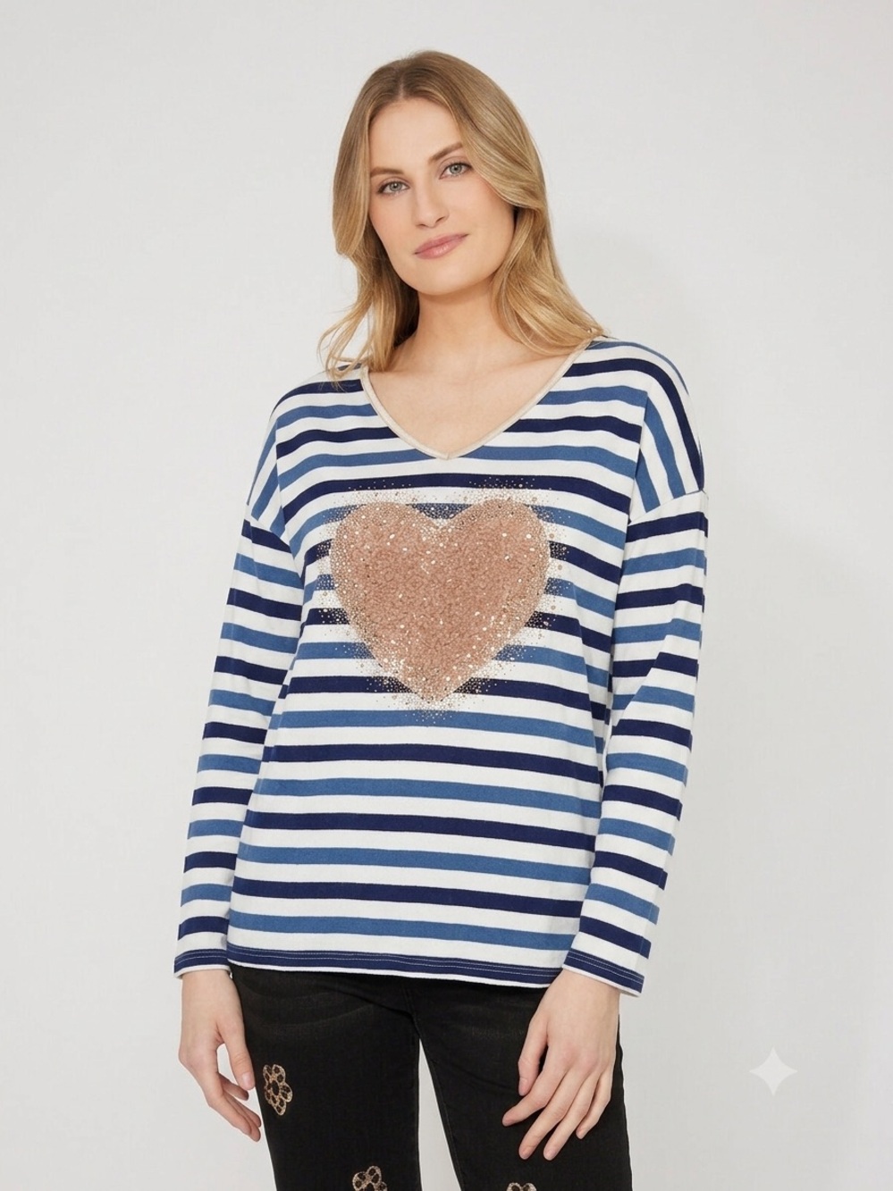 Made In Italy Striped Long Sleeve Heart Top Rhinestone Gold Trim Sailor Chic
